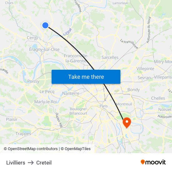 Livilliers to Creteil map