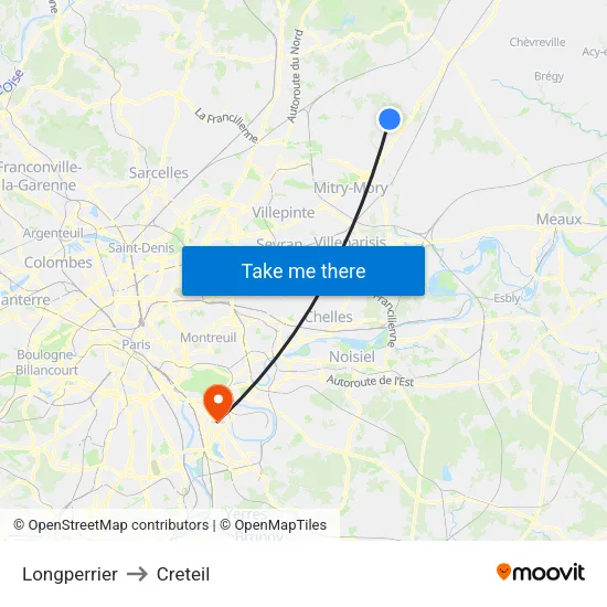 Longperrier to Creteil map