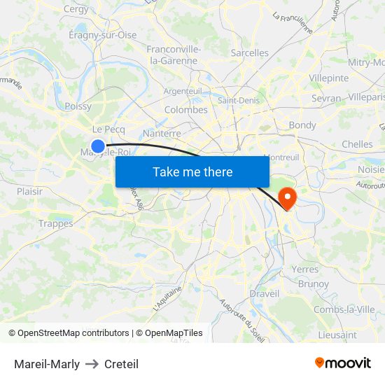 Mareil-Marly to Creteil map