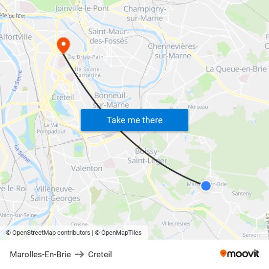 Marolles-En-Brie to Creteil map