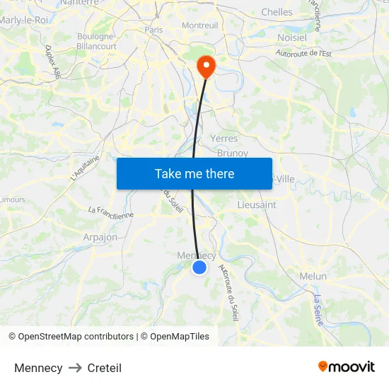 Mennecy to Creteil map