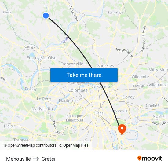 Menouville to Creteil map