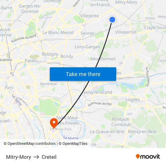 Mitry-Mory to Creteil map