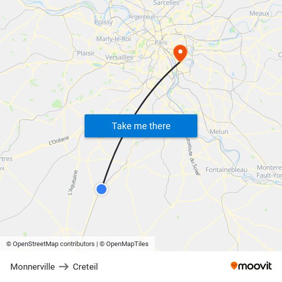 Monnerville to Creteil map