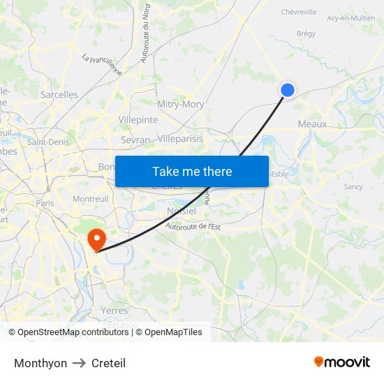 Monthyon to Creteil map