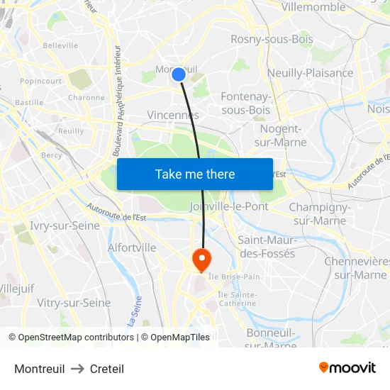 Montreuil to Creteil map