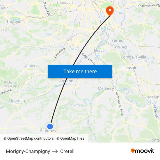 Morigny-Champigny to Creteil map