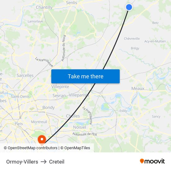 Ormoy-Villers to Creteil map