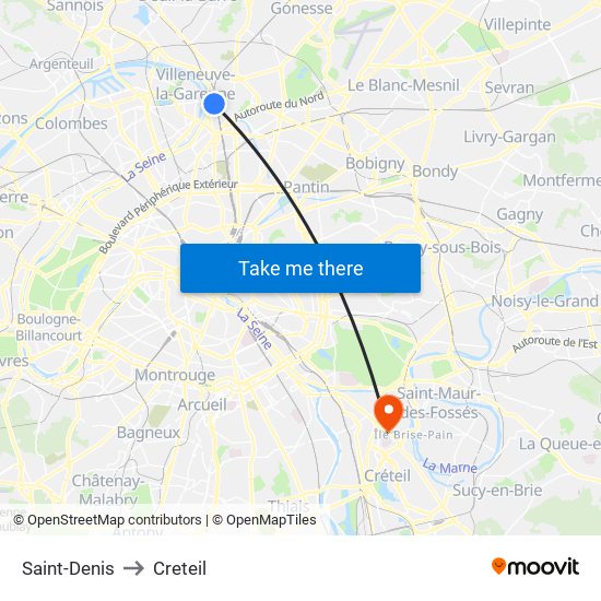 Saint-Denis to Creteil map