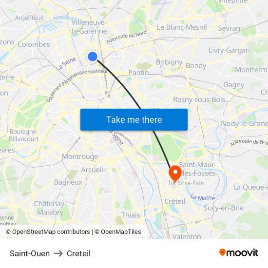 Saint-Ouen to Creteil map
