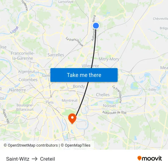 Saint-Witz to Creteil map