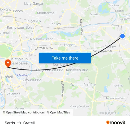 Serris to Creteil map