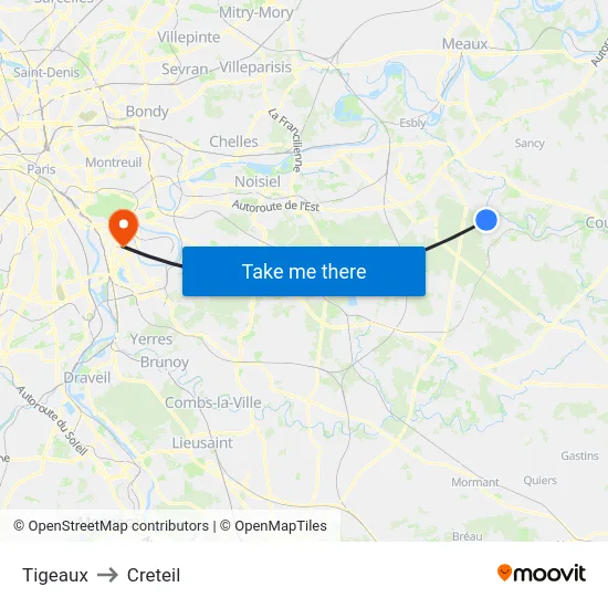 Tigeaux to Creteil map