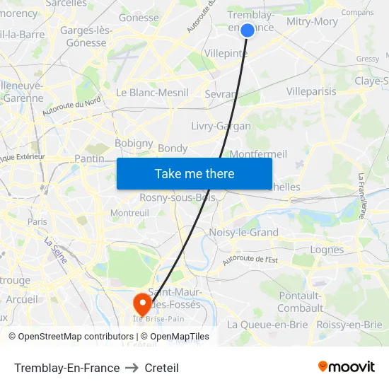 Tremblay-En-France to Creteil map
