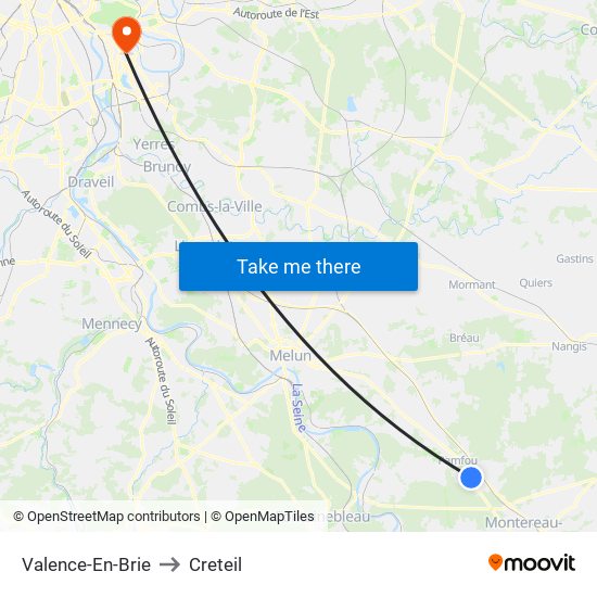 Valence-En-Brie to Creteil map