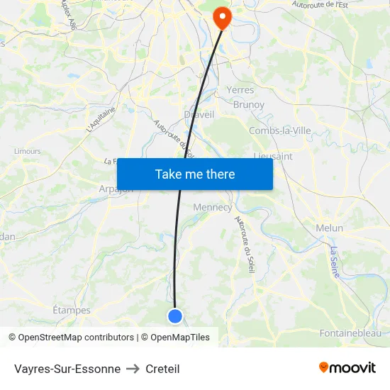 Vayres-Sur-Essonne to Creteil map