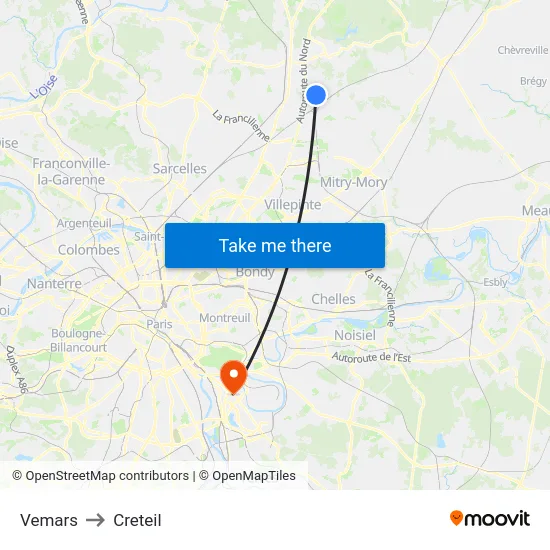 Vemars to Creteil map