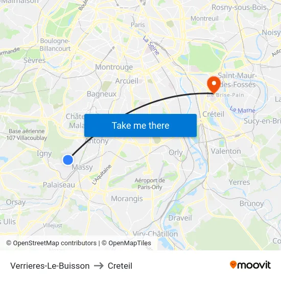 Verrieres-Le-Buisson to Creteil map