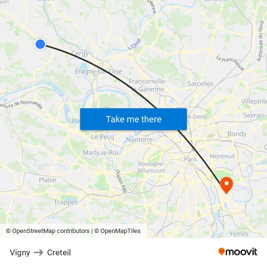 Vigny to Creteil map