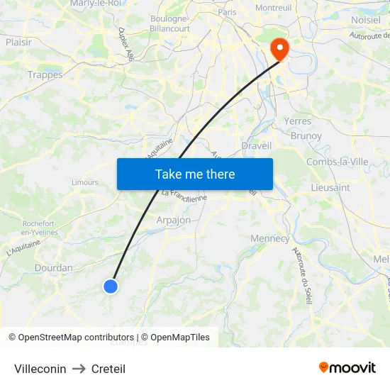 Villeconin to Creteil map