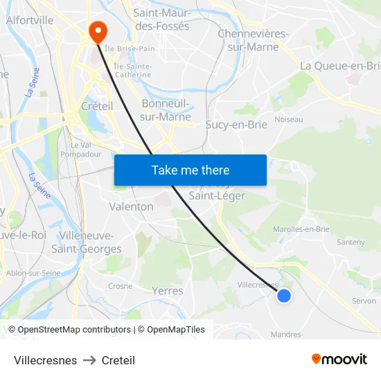 Villecresnes to Creteil map