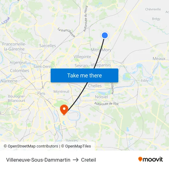 Villeneuve-Sous-Dammartin to Creteil map