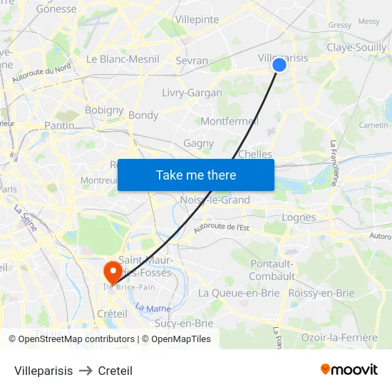 Villeparisis to Creteil map