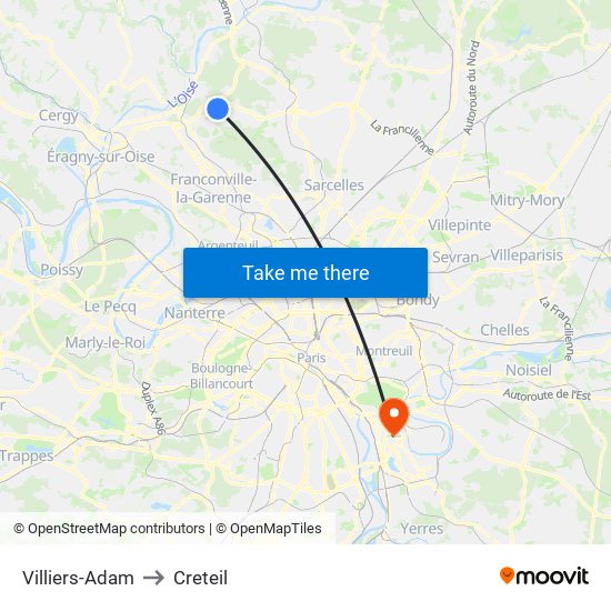 Villiers-Adam to Creteil map