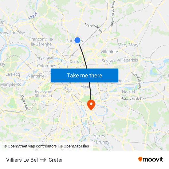 Villiers-Le-Bel to Creteil map