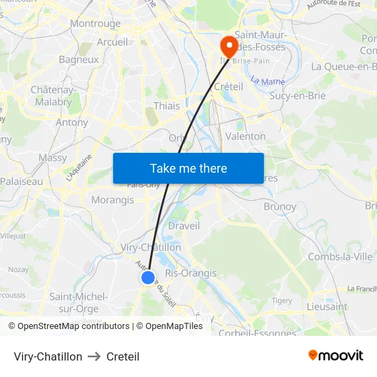 Viry-Chatillon to Creteil map