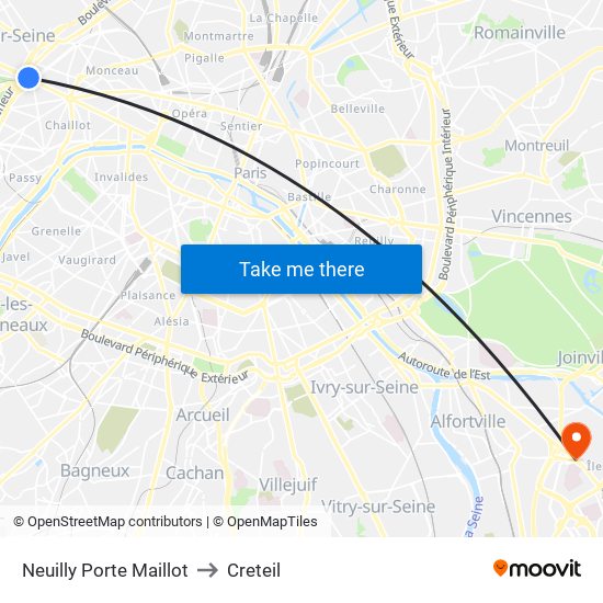 Neuilly Porte Maillot to Creteil map