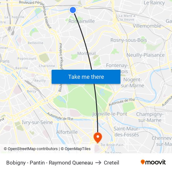 Bobigny - Pantin - Raymond Queneau to Creteil map