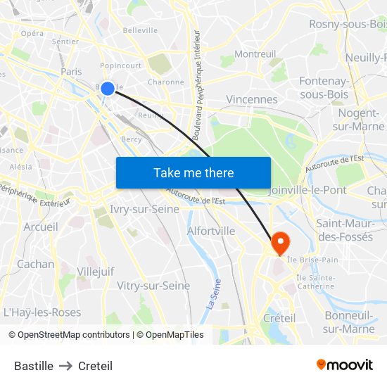 Bastille to Creteil map