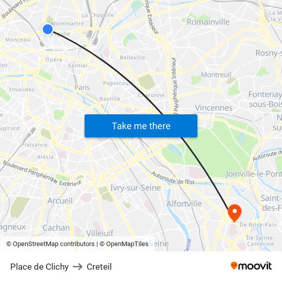 Place de Clichy to Creteil map