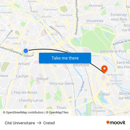 Cité Universitaire to Creteil map