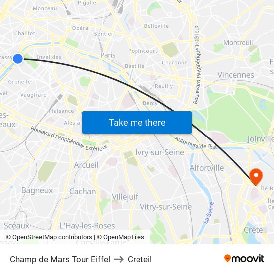 Champ de Mars Tour Eiffel to Creteil map