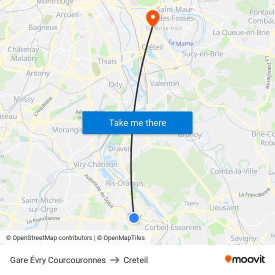 Gare Évry Courcouronnes to Creteil map