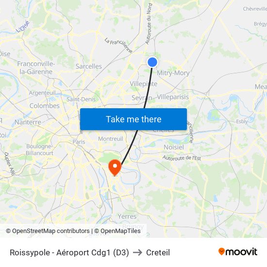 Roissypole - Aéroport Cdg1 (D3) to Creteil map