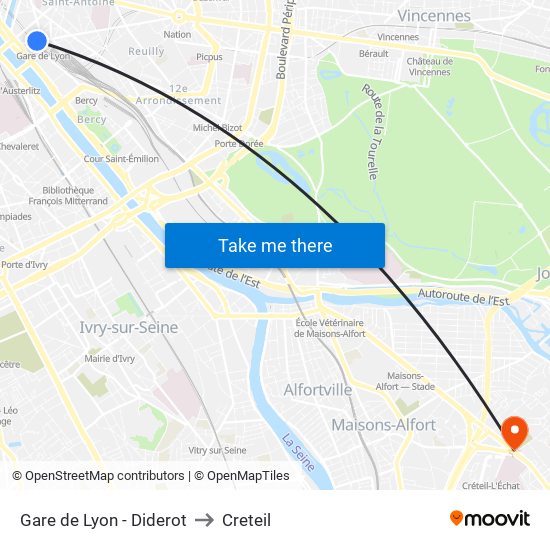Gare de Lyon - Diderot to Creteil map