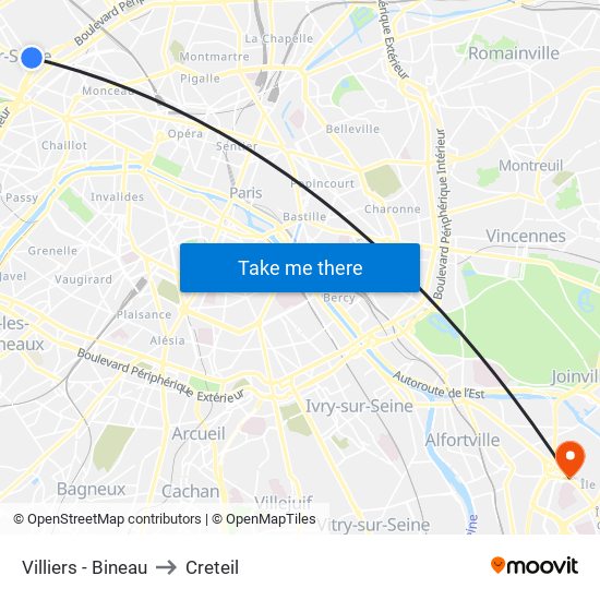 Villiers - Bineau to Creteil map