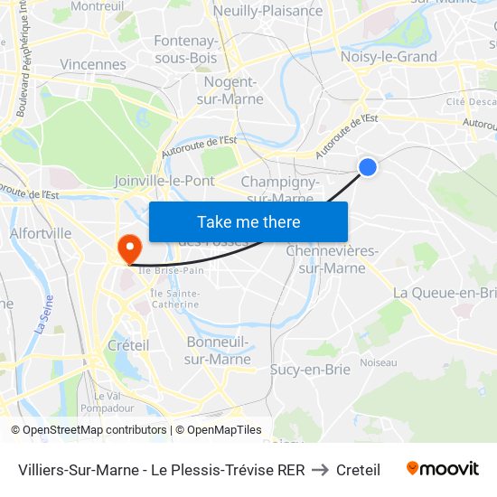 Villiers-Sur-Marne - Le Plessis-Trévise RER to Creteil map