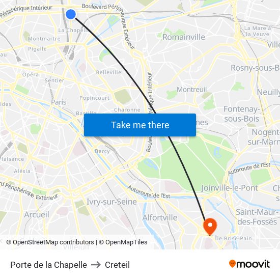 Porte de la Chapelle to Creteil map