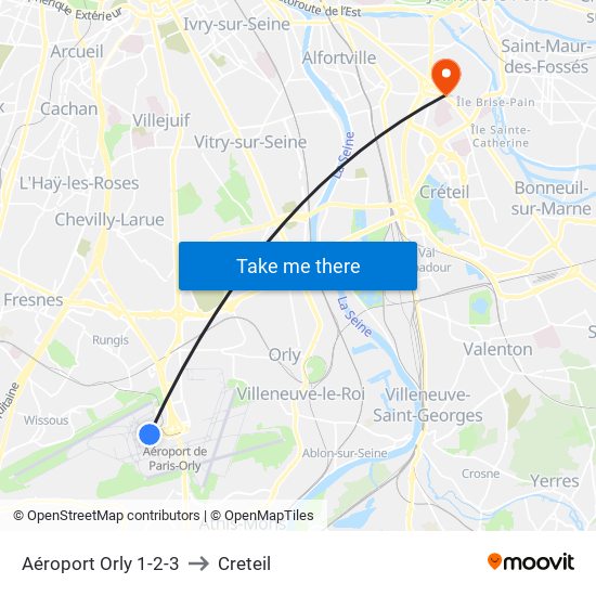 Aéroport Orly 1-2-3 to Creteil map