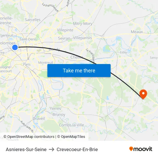 Asnieres-Sur-Seine to Crevecoeur-En-Brie map