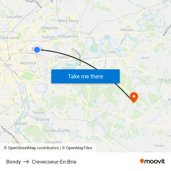 Bondy to Crevecoeur-En-Brie map