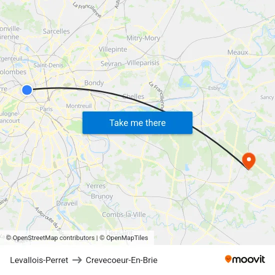 Levallois-Perret to Crevecoeur-En-Brie map