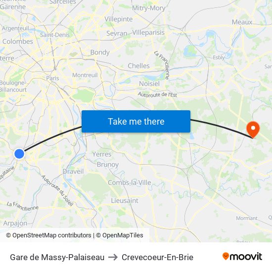 Gare de Massy-Palaiseau to Crevecoeur-En-Brie map