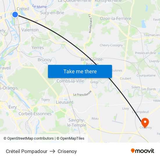 Créteil Pompadour to Crisenoy map
