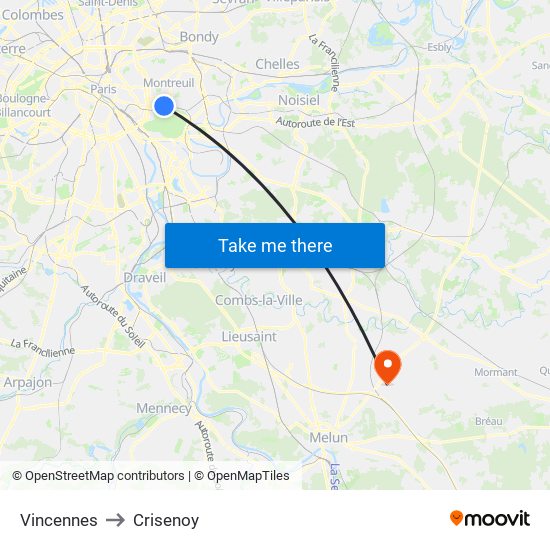 Vincennes to Crisenoy map