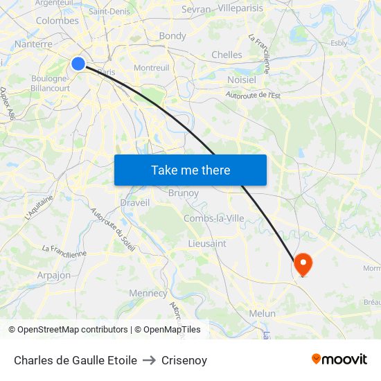 Charles de Gaulle Etoile to Crisenoy map